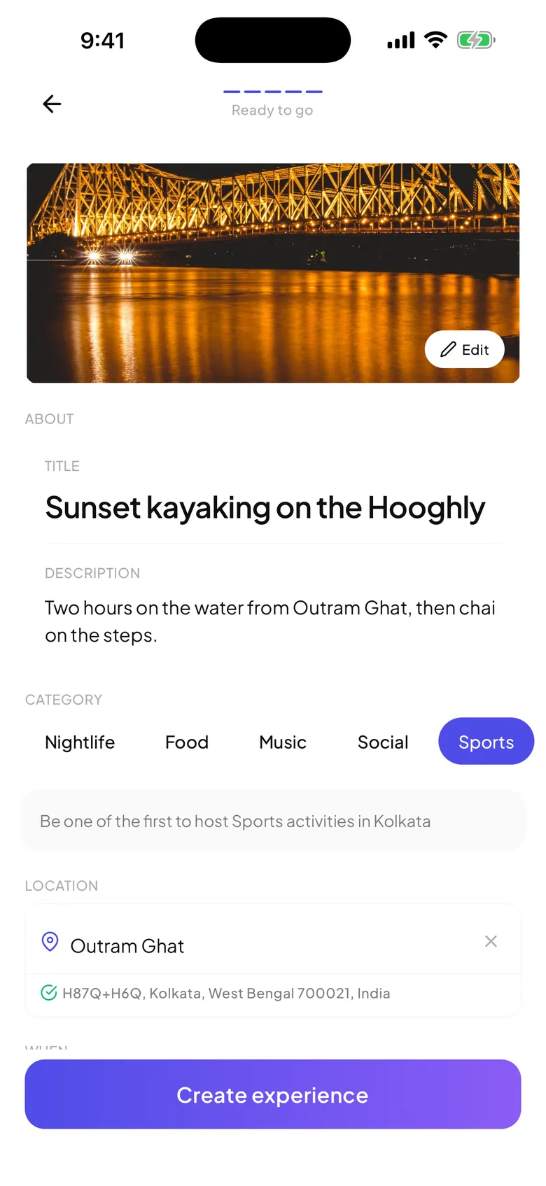 Creating a plan: Sunset kayaking on the Hooghly with a Howrah Bridge cover