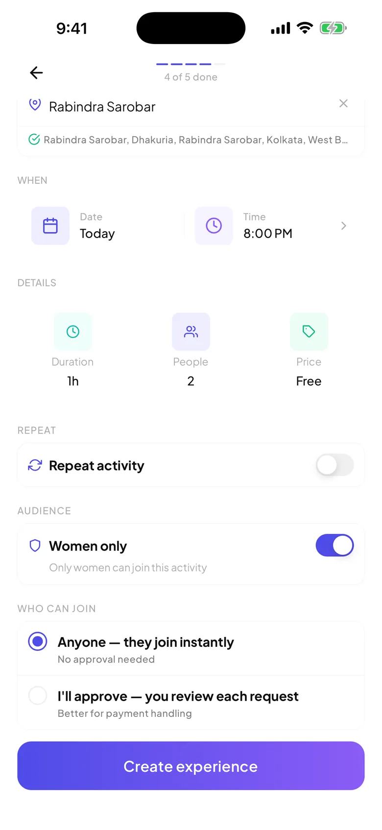 The host screen with Women only switched on and the who-can-join choice